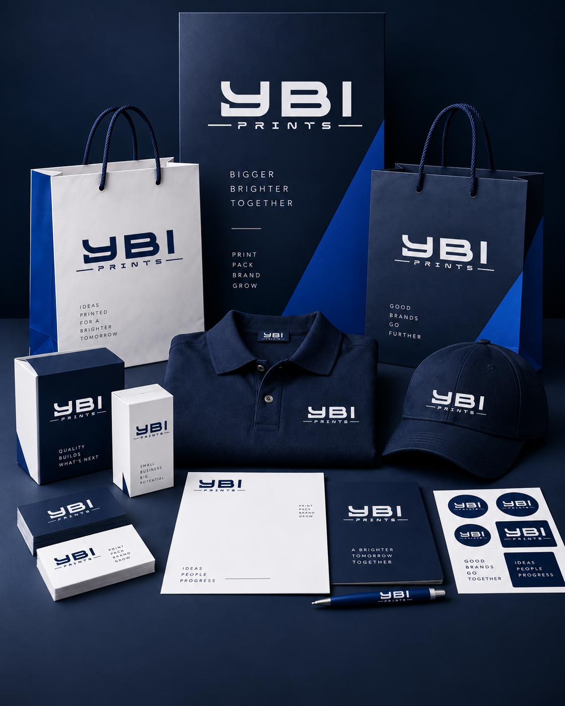 YBI Prints branded bags, uniforms, packaging and stationery — illustrative concept